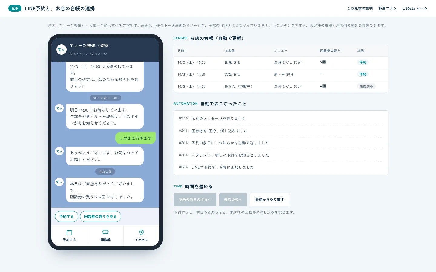 LINE予約と台帳の連携（見本）のパソコン表示